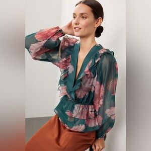 Rusty Floral Ruffle V-Neck Blouse in Teal and Pink